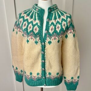 Handmade hand knit sweater cardigan teal cream pink